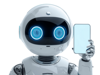 Futuristic robotic character displaying a mobile device with glowing digital interfaces