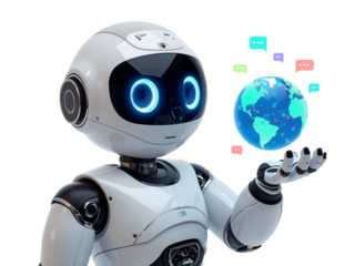 Artificial intelligence robot holding a holographic globe with chat bubbles floating around,