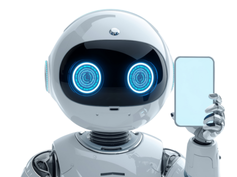 Futuristic robotic character displaying a mobile device with glowing digital interfaces