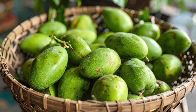 Fresh Green Mangoes in a Woven Basket