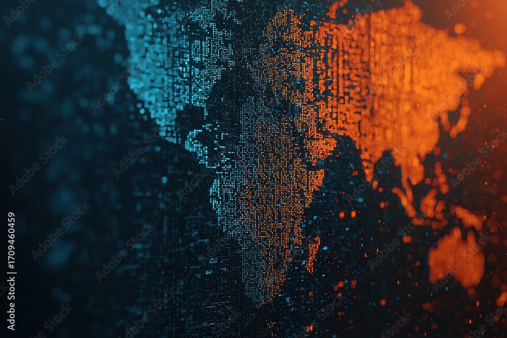 Aufkleber digital world map in blue and orange binary code background