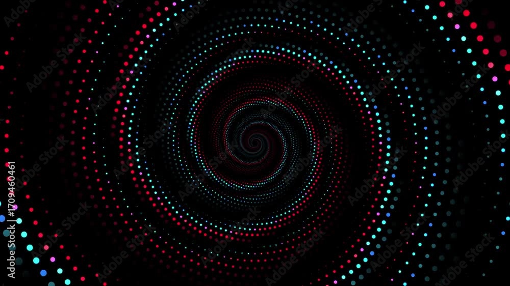 Poster abstract animated background with colorful dots circles spinning in dark space. dynamic and smooth r