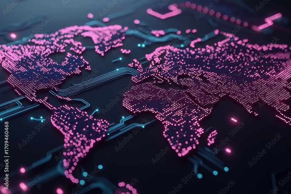 Aufkleber digital world map with neon dots and circuit patterns background