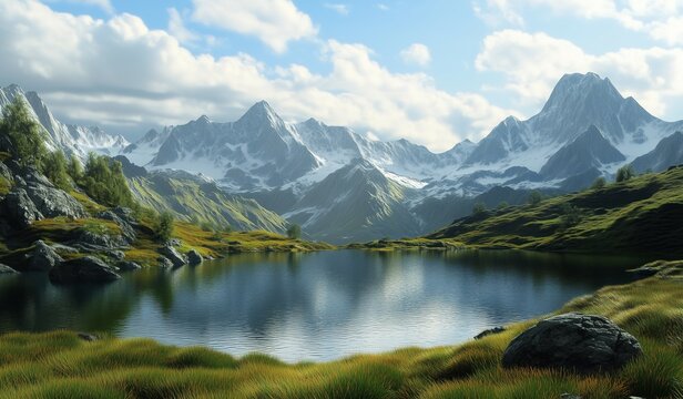 Serene mountain lake surrounded by snow-capped peaks reflecting clear blue sky and lush greenery of alpine landscape creating tranquility and grandeur