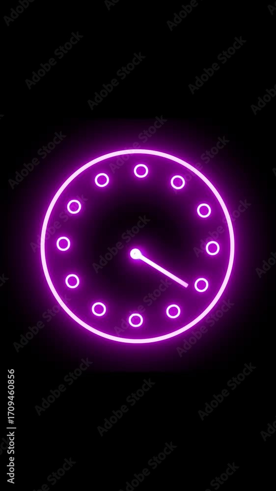 Poster glowing neon ring with animated moving pointer on black vertical video. illuminated neon clock face 