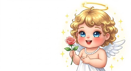 可愛い天使 輝く瞳 赤薔薇持つ 穏やか光. AI Generated