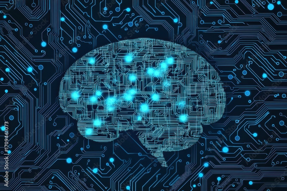 Poster digital brain concept with circuit board design in blue background