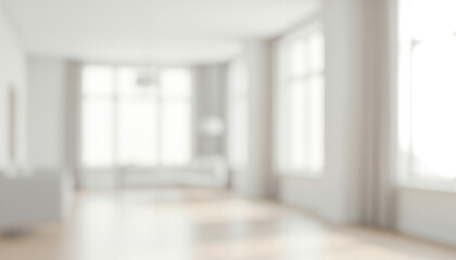 Blurred interior view of a bright empty room with tall windows and smooth light wood floor, illuminated by natural daylight to enhance its airy minimal elegance.