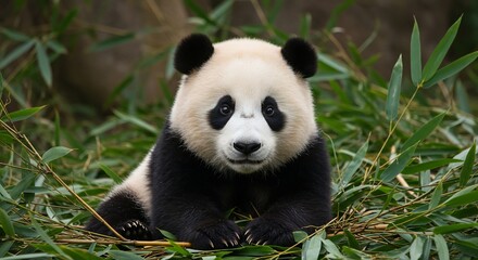 Fototapeta premium 愛らしいパンダ 緑葉の中で穏やかに微笑む 自然光輝く. AI Generated