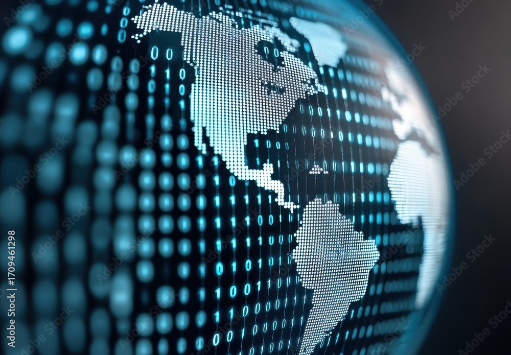 Aufkleber digital world map with binary code in blue and black background