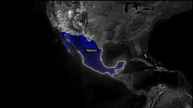 Aerial view of mexico highlighted in blue with white outline on a dark world map background