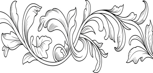 Intricate black and white floral ornament, symmetrical decorative pattern, vintage botanical motif, elegant ornamental design for textile, wallpaper, and architecture