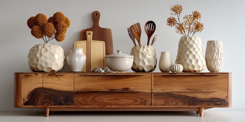 Wooden sideboard with textured vases, decorative items, and kitchen tools