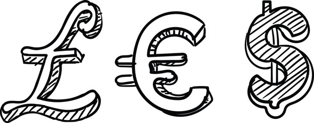 Obraz premium Pound, Euro, and Dollar signs with hand-drawn style, on white background, black and white sketch illustration, for finance and currency concepts