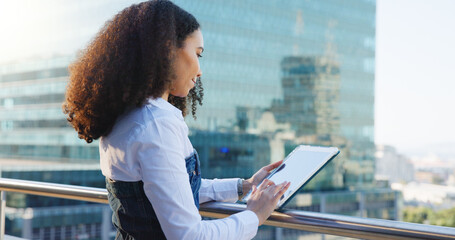 Fototapeta premium Business woman, tablet and scroll in city with analysis, review or research for economic report. Touchscreen, technology and female economist on balcony, digital study or survey for fiscal policy