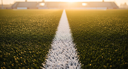Sunlit sports field with a white line marking the boundary of a grassy playing area, bathed in golden hour light