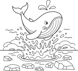 Obraz premium Adorable Cartoon Whale Splashing in the Ocean - Fun Coloring Page for Kids
