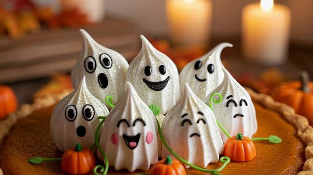 Close-up zoom on a festive pumpkin pie topped with adorable marshmallow ghosts, surrounded by pumpkins, candles, and autumn leaves. Cozy Halloween dessert scene.