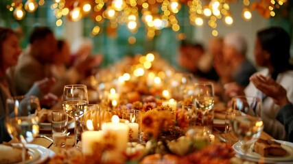 Festive Thanksgiving scenes, and a joyful family dinner under glowing lights and cozy ambiance.