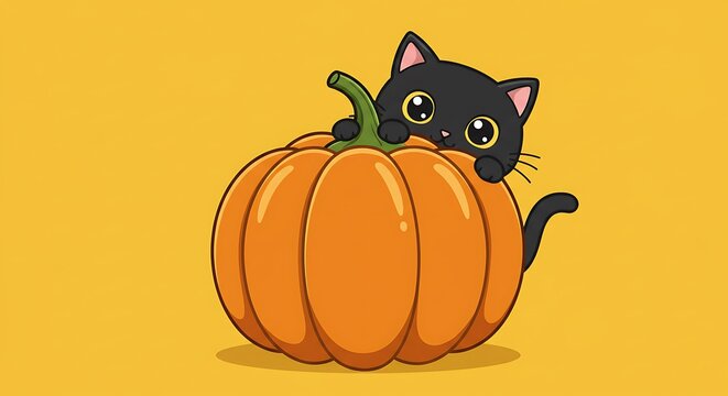 Adorable black cat playing hide and seek in a vibrant pumpkin patch delivers charming Halloween magic for your seasonal designs and festive fall projects