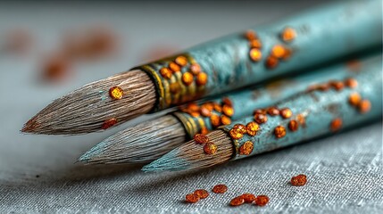 Close-up of three decorated paintbrushes