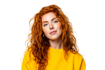 Redhead portrait on transparent background for compositing. PNG file enables easy use for posters, social media, and design.