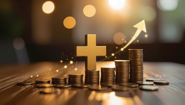 A plus sign on gold coins symbolizes financial growth