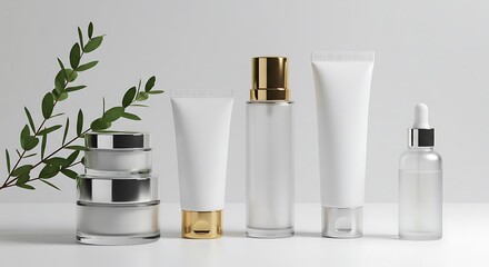 A clean and elegant product shot of various skincare bottles with a sprig of greenery