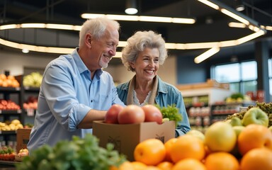 A cheerful senior couple is purchasing fresh, healthy groceries at the supermarket. Couple is buying fruits. High quality