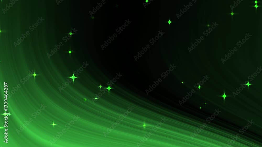 Poster abstract animated background with glowing green star particles and smooth flowing wave light on dark