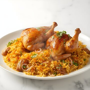 whole roasted chicken roasted chicken on a plate Chicken Biryani on White Plate &ndash; Aromatic Indian Spiced Rice with Roasted Chicken and Garnish