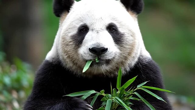 Adorable giant panda actively munching on fresh bamboo leaves in lush green forest setting