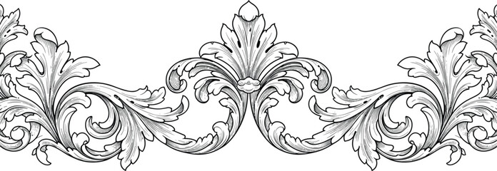 Ornate symmetrical floral ornament, vintage decorative scrollwork, intricate leaf motif, classical black and white design, elegant architectural border illustration, vector engraving © Legend Monir
