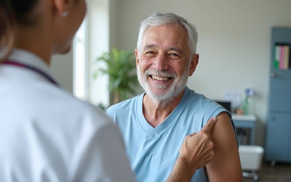 A happy senior man in doctor's office pointing at his vaccinated shoulder. Immunization and vaccination. High quality