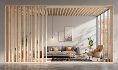 Light-filled modern living room with wooden partitions