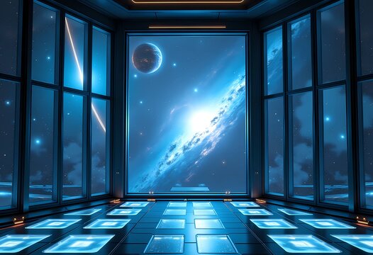 Wide futuristic window showing planets, glowing galaxy and cosmic sky, advanced observation room design with spaceship background 4k inspiration