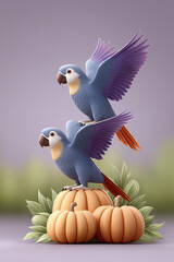Two cartoon parrots perched on pumpkins with colorful wings, Halloween concept  