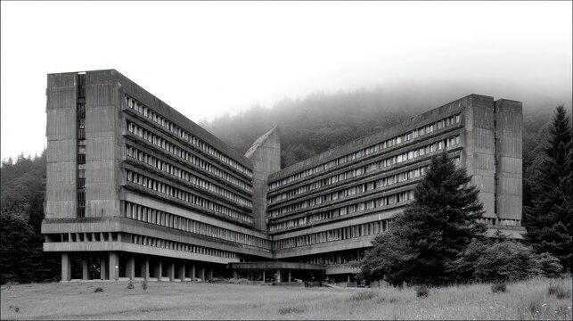 Gray, imposing, abandoned hospital building, nestled in a misty landscape