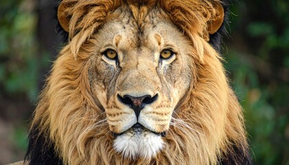 Fototapeta premium Majestic Lion Portrait with Golden Mane and Intense Gaze in Natural Habitat Close Up