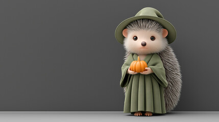 Cute cartoon hedgehog in witch costume holding pumpkin for Halloween  