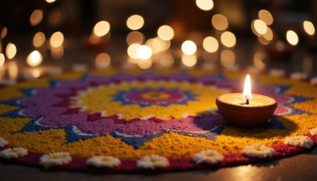 Diwali Celebration with Candle and Rangoli