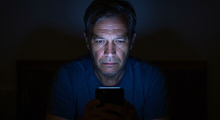 Man looking at cell phone. Facial illumination from screen highlighting face in dark room. Digital communication and late night internet use concept.