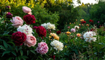 Lush garden bed bursting with vibrant peonies in various shades of pink, red, and white