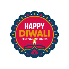 Happy Diwali badge, festival of lights seal, scalloped border circle, floral decorations, bright festive greeting, editable vector design