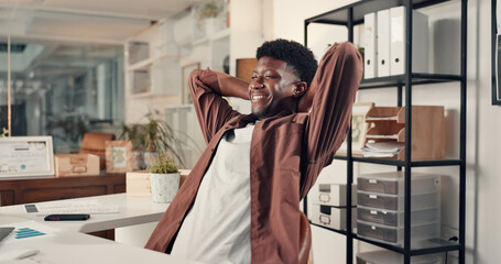 Happy, black man or stretching with completion for done, productivity or deadline success in office. Male person, relax or administrator with smile or break for finished tasks or company agenda