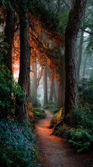 Enchanting Forest Path with Golden Sunlight