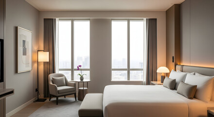 Fototapeta premium Luxury hotel bedroom interior with modern furniture, large window, and ambient lighting symbolizing comfort, lifestyle, hospitality, and architecture design