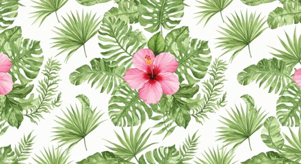 Fototapeta premium Watercolor Tropical Pattern: Pink Hibiscus Green Leaves White Background.