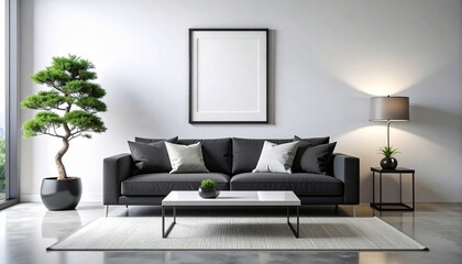 Modern living room interior with a dark sofa, a bonsai tree, and a floor lamp, illuminated by natural light