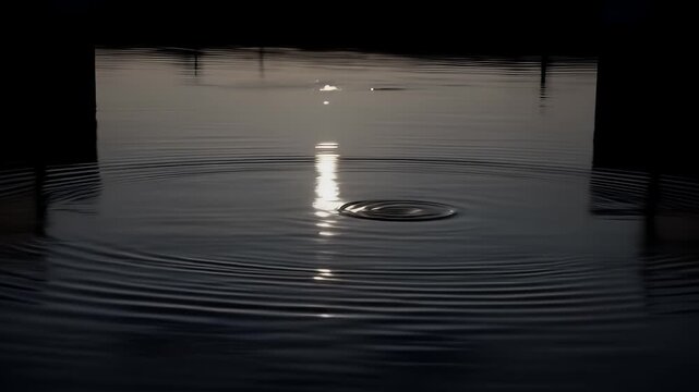 Water droplet impact creating ripples in dark water.